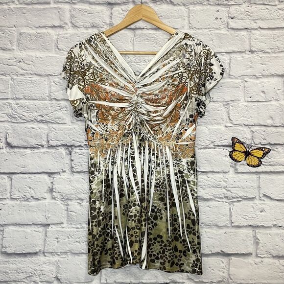 One World Double V Petal Sleeve Abstract Top Size Medium - Picture 6 of 9